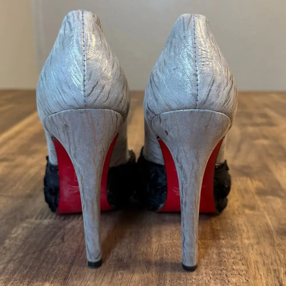 Christian Louboutin Heels Zebra Print Rose Floral Silver Black Women’s EU 37